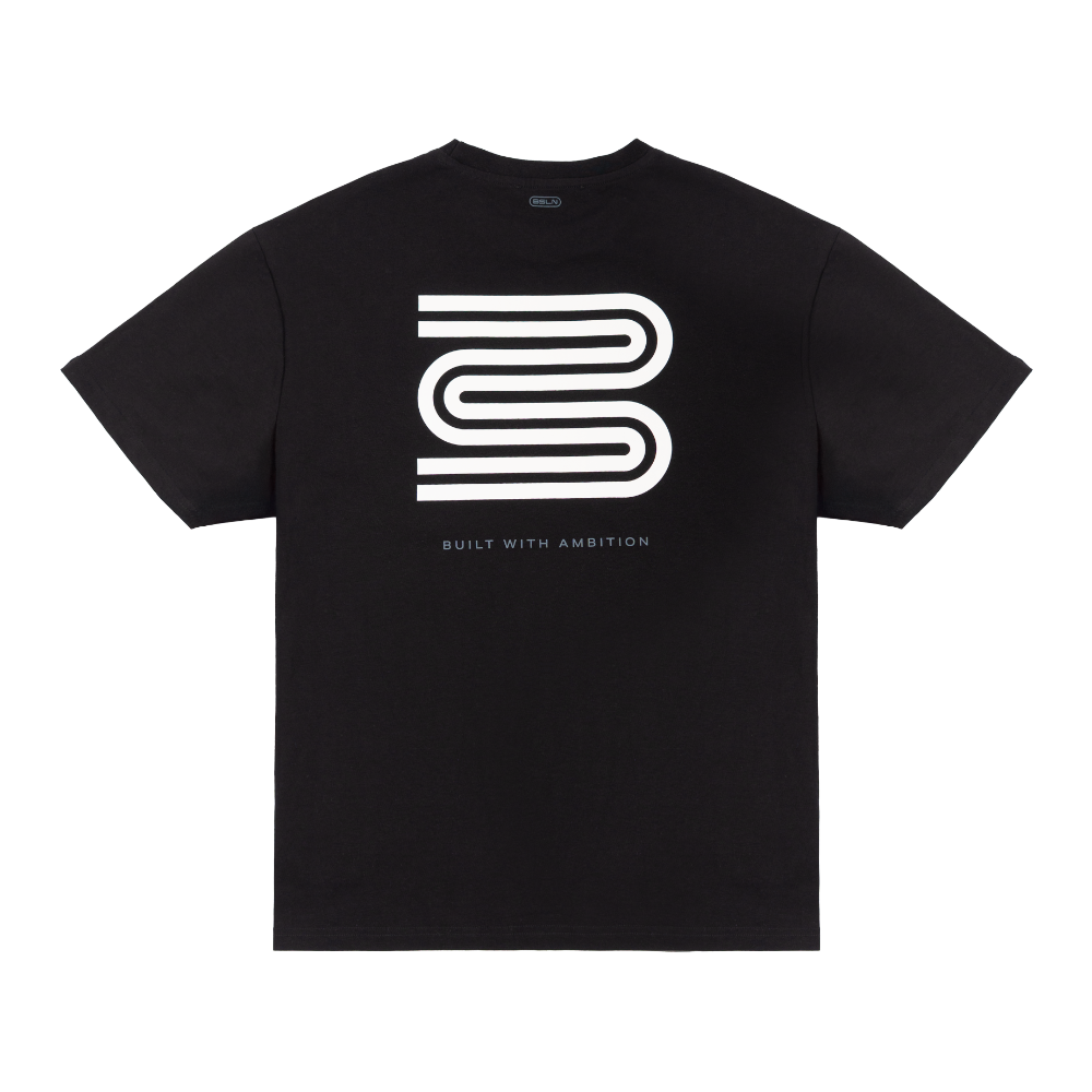 Black t-shirt with a white logo and text on a transparant background